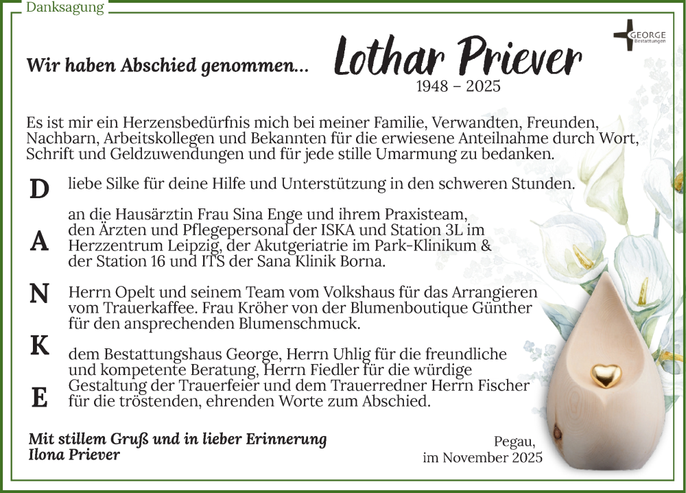  Traueranzeige für Lothar Priever vom 01.11.2025 aus Leipziger Volkszeitung