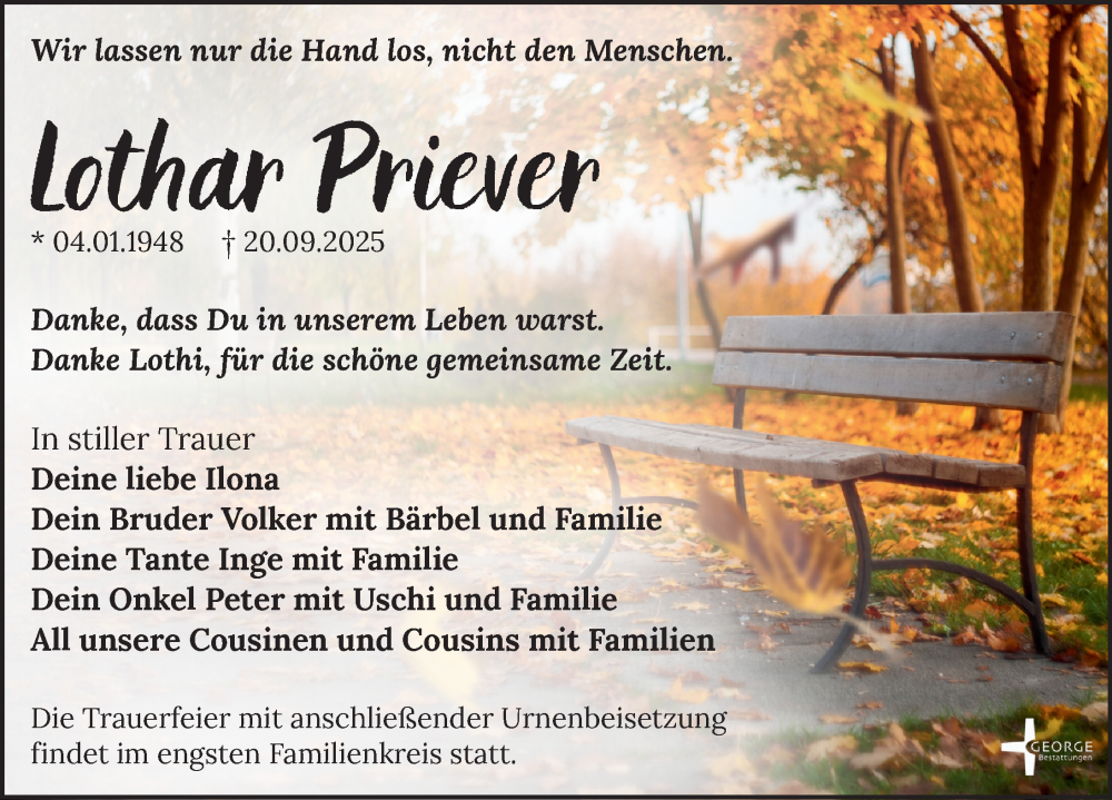  Traueranzeige für Lothar Priever vom 04.10.2025 aus Leipziger Volkszeitung