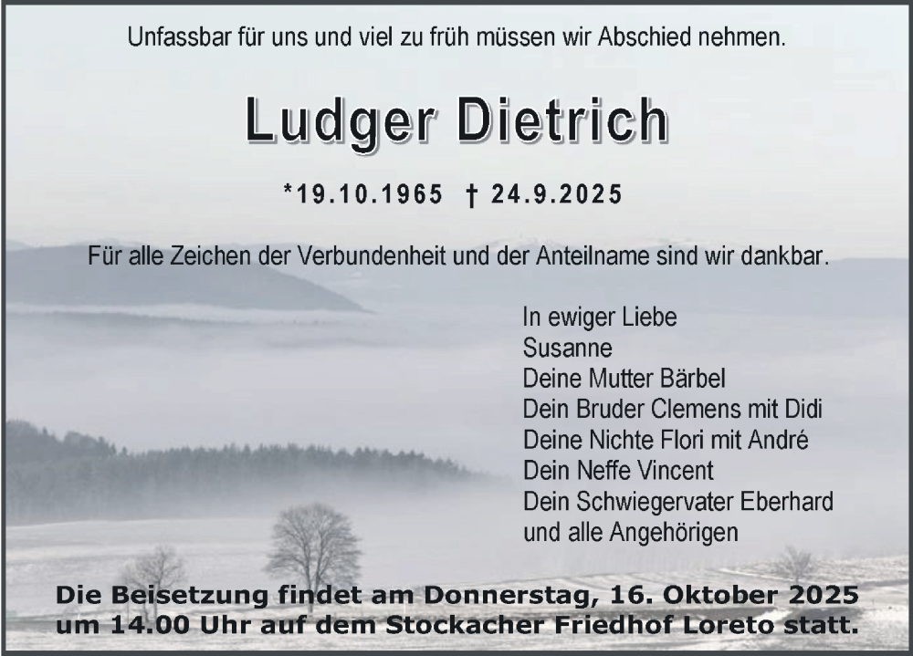  Traueranzeige für Ludger Dietrich vom 11.10.2025 aus Göttinger Tageblatt