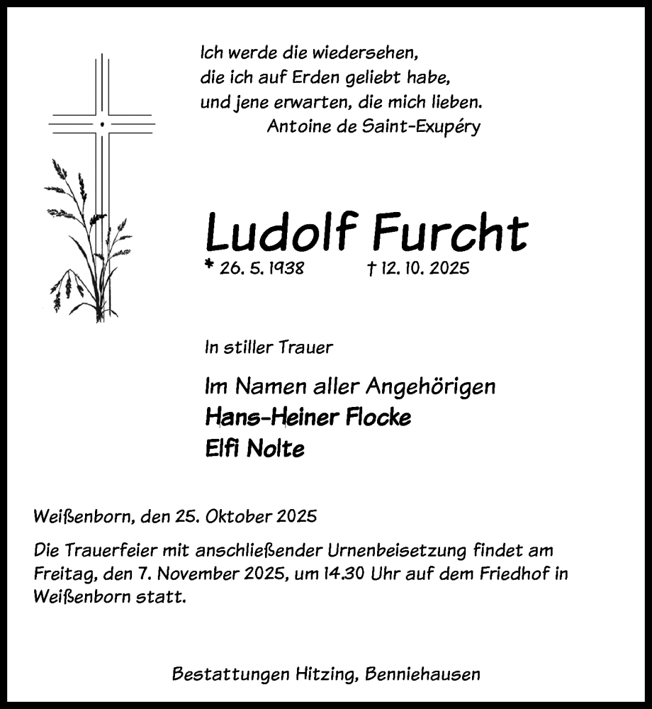  Traueranzeige für Ludolf Furcht vom 25.10.2025 aus Göttinger Tageblatt