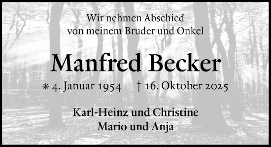 Traueranzeige von Manfred Becker von Göttinger Tageblatt