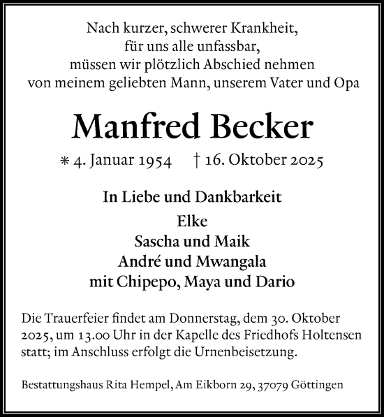 Traueranzeige von Manfred Becker von Göttinger Tageblatt
