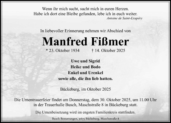 Traueranzeige von Manfred Fißmer von Schaumburger Nachrichten