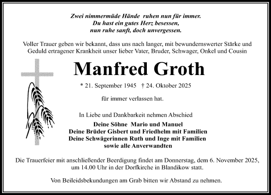 Traueranzeige von Manfred Groth von Wochenspiegel