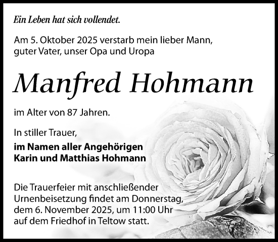 Traueranzeige von Manfred Hohmann von Märkischen Allgemeine Zeitung
