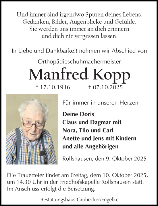Traueranzeige von Manfred Kopp von Eichsfelder Tageblatt