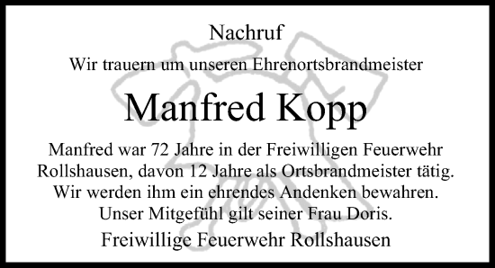 Traueranzeige von Manfred Kopp von Eichsfelder Tageblatt