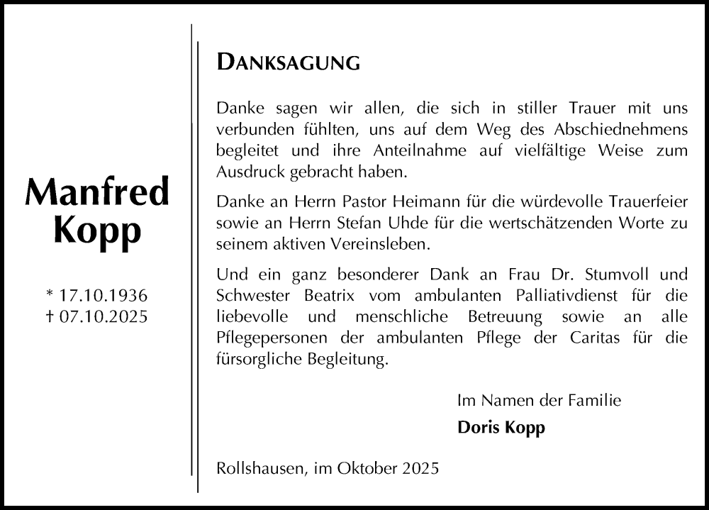  Traueranzeige für Manfred Kopp vom 18.10.2025 aus Eichsfelder Tageblatt