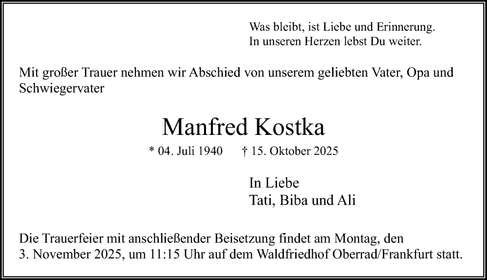  Traueranzeige für Manfred Kostka vom 25.10.2025 aus Hannoversche Allgemeine Zeitung/Neue Presse