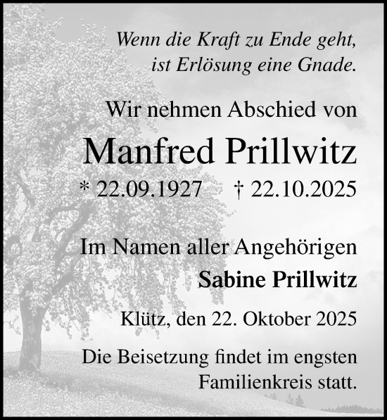 Traueranzeige von Manfred Prillwitz von Ostsee-Zeitung GmbH
