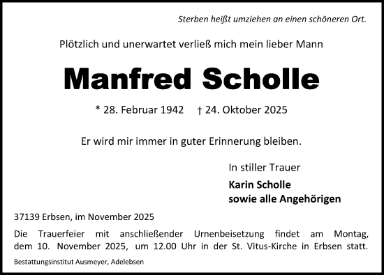 Traueranzeige von Manfred Scholle von Göttinger Tageblatt