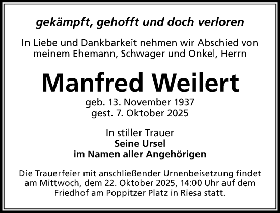 Traueranzeige von Manfred Weilert von Sächsische Zeitung