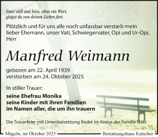 Traueranzeige von Manfred Weimann von Leipziger Volkszeitung