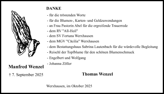 Traueranzeige von Manfred Wenzel von Eichsfelder Tageblatt