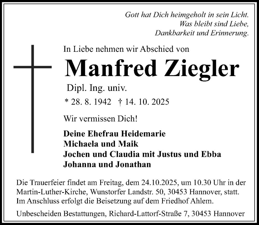  Traueranzeige für Manfred Ziegler vom 18.10.2025 aus Hannoversche Allgemeine Zeitung/Neue Presse