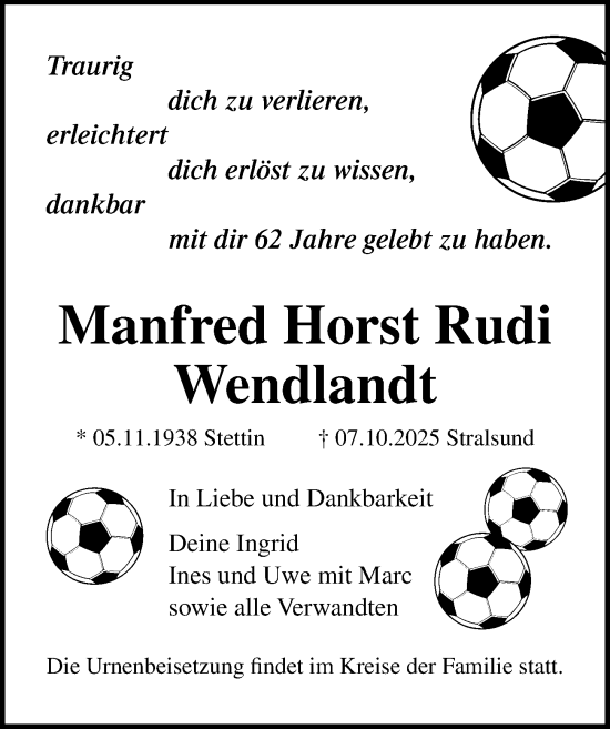 Traueranzeige von Manfred Horst Rudi Wendlandt von Ostsee-Zeitung GmbH