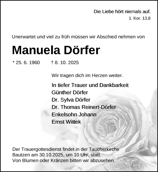 Traueranzeige von Manuela Dörfer von Sächsische Zeitung