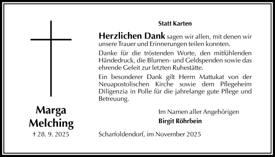 Traueranzeige von Marga Melching von Täglicher Anzeiger Holzminden