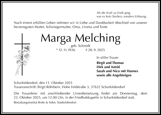 Traueranzeige von Marga Melching von Täglicher Anzeiger Holzminden