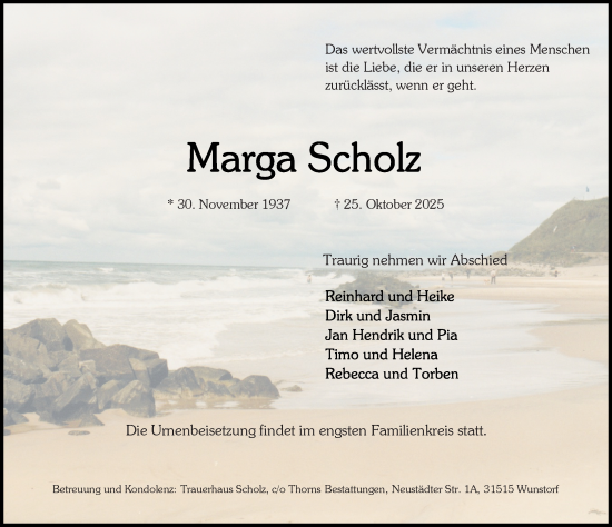 Traueranzeige von Marga Scholz von Hannoversche Allgemeine Zeitung/Neue Presse