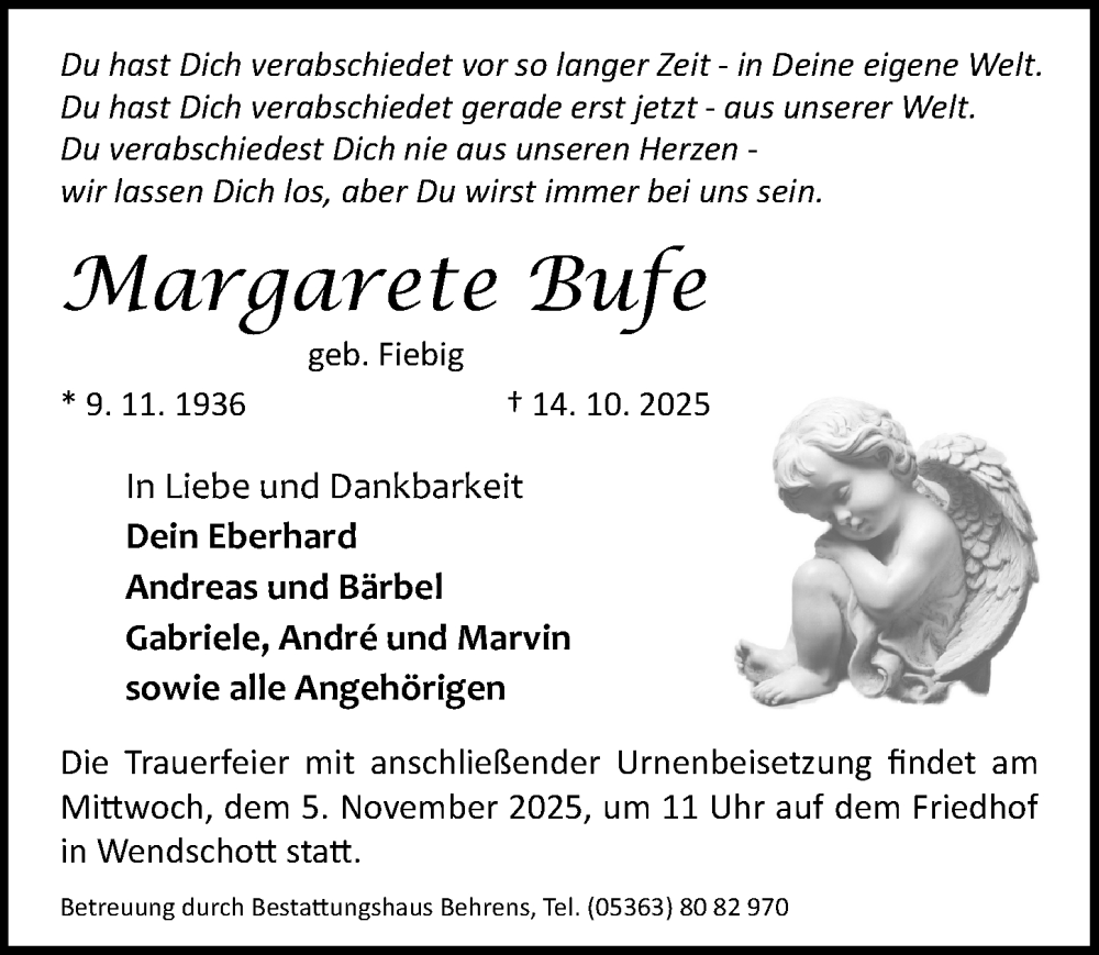  Traueranzeige für Margarete Bufe vom 18.10.2025 aus Aller Zeitung