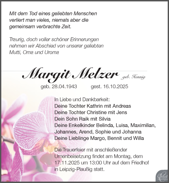 Traueranzeige von Margit Melzer von Leipziger Volkszeitung