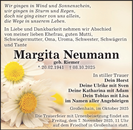 Traueranzeige von Margita Neumann von Sächsische Zeitung