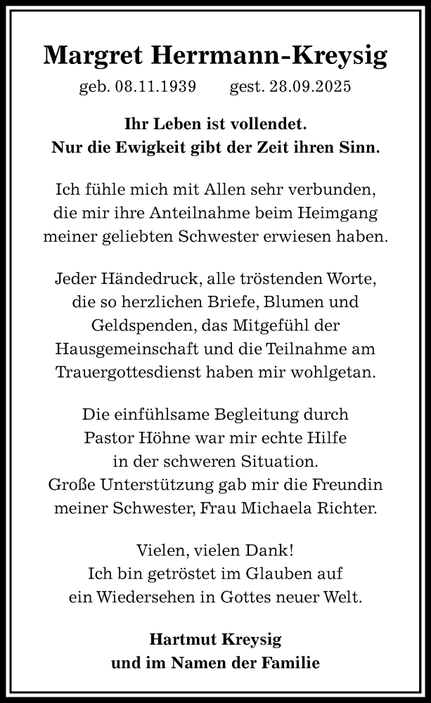  Traueranzeige für Margret Herrmann-Kreysig vom 18.10.2025 aus Sächsische Zeitung