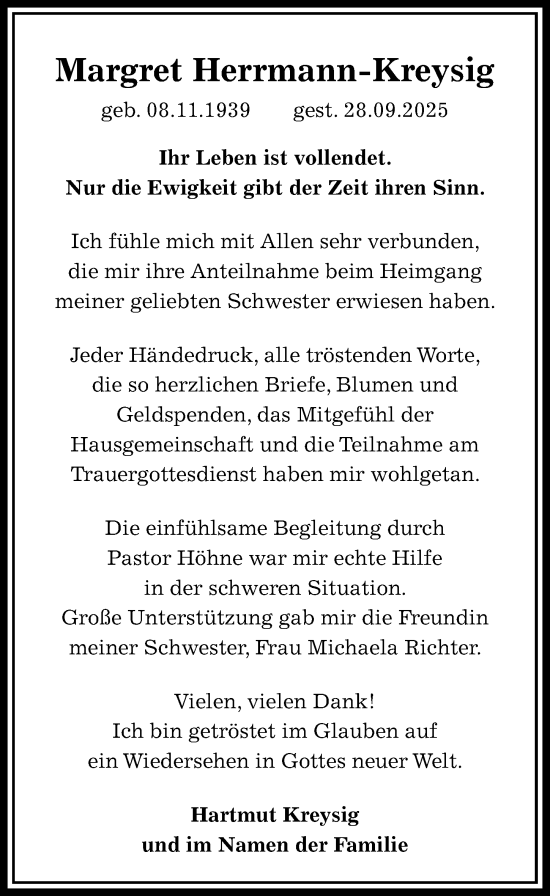 Traueranzeige von Margret Herrmann-Kreysig von Sächsische Zeitung