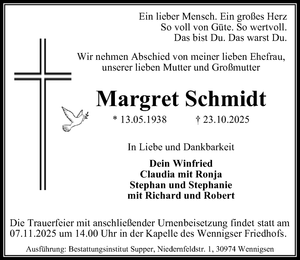 Traueranzeige für Margret Schmidt vom 01.11.2025 aus Hannoversche Allgemeine Zeitung/Neue Presse
