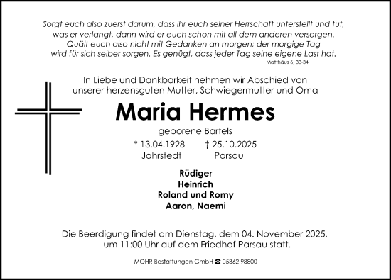 Traueranzeige von Maria Hermes von Aller Zeitung