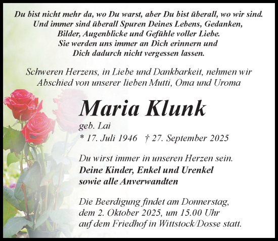 Traueranzeige von Maria Klunk von Wochenspiegel