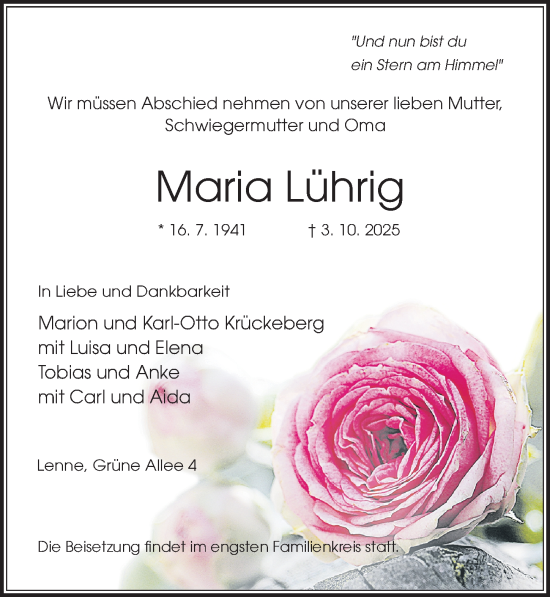 Traueranzeige von Maria Lührig von Täglicher Anzeiger Holzminden