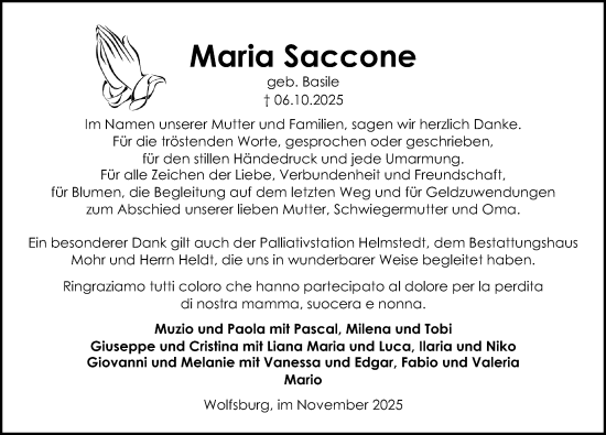 Traueranzeige von Maria Saccone von Aller Zeitung