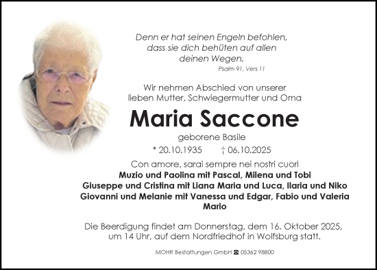 Traueranzeige von Maria Saccone von Aller Zeitung