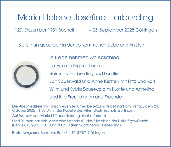 Traueranzeige von Maria Helene Josefine Harberding von Göttinger Tageblatt