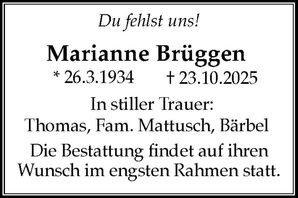  Traueranzeige für Marianne Brüggen vom 30.10.2025 aus Hannoversche Allgemeine Zeitung/Neue Presse