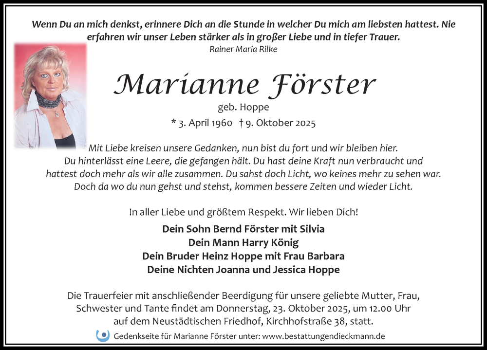  Traueranzeige für Marianne Förster vom 18.10.2025 aus Märkischen Allgemeine Zeitung