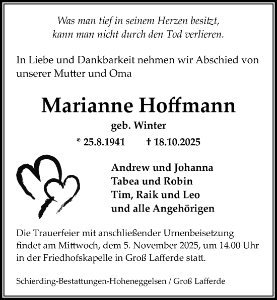 Traueranzeige von Marianne Hoffmann von Peiner Allgemeine Zeitung