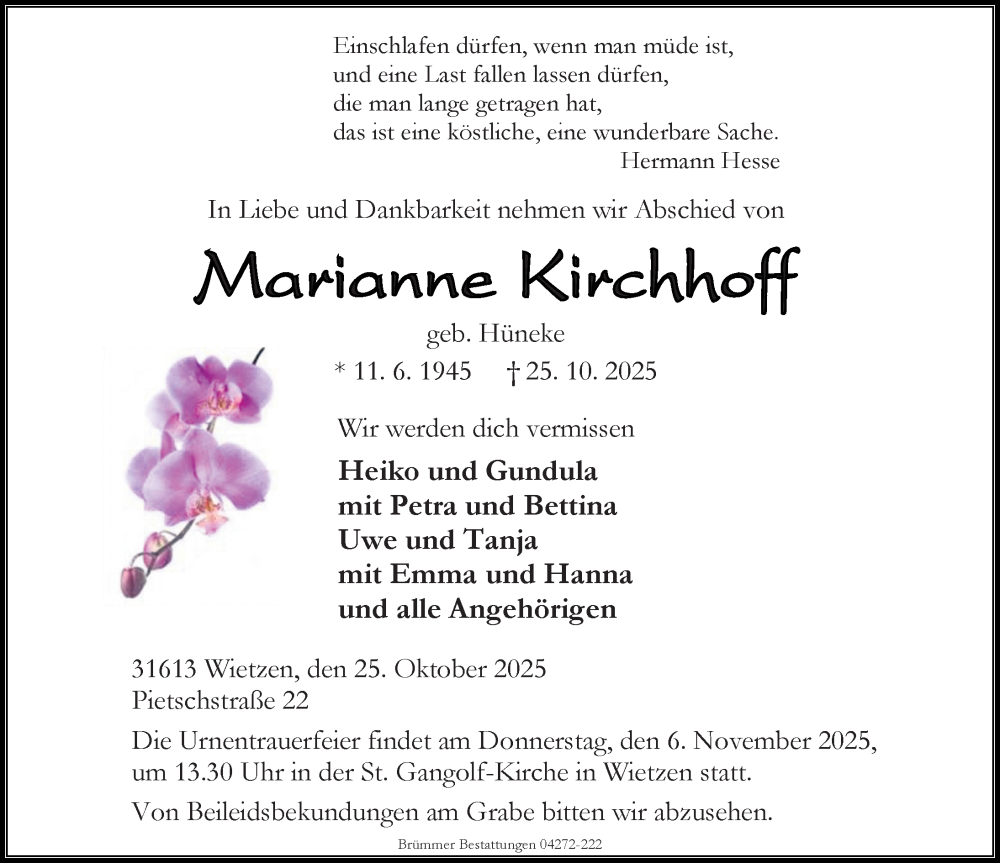  Traueranzeige für Marianne Kirchhoff vom 01.11.2025 aus Die Harke