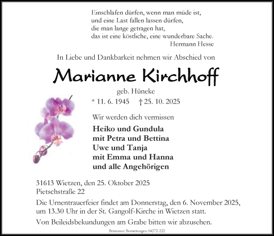 Traueranzeige von Marianne Kirchhoff von Die Harke