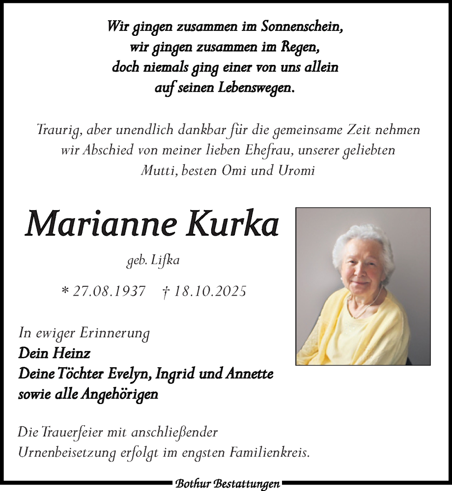  Traueranzeige für Marianne Kurka vom 25.10.2025 aus Leipziger Volkszeitung