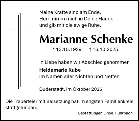 Traueranzeige von Marianne Schenke von Eichsfelder Tageblatt