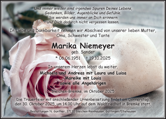 Traueranzeige von Marika Niemeyer von Göttinger Tageblatt
