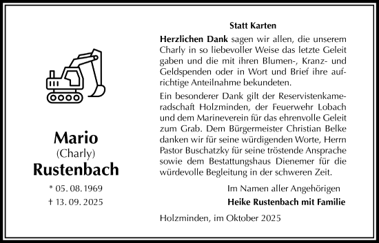 Traueranzeige von Mario Rustenbach von Täglicher Anzeiger Holzminden