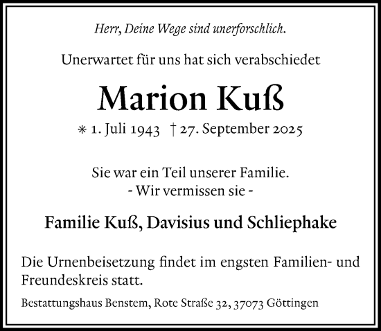 Traueranzeige von Marion Kuß von Göttinger Tageblatt
