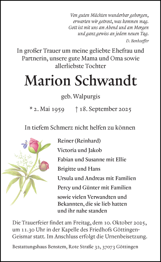 Traueranzeige von Marion Schwandt von Göttinger Tageblatt
