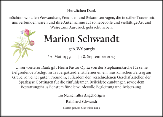 Traueranzeige von Marion Schwandt von Göttinger Tageblatt