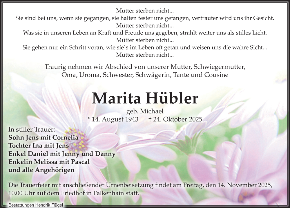  Traueranzeige für Marita Hübler vom 01.11.2025 aus Leipziger Volkszeitung