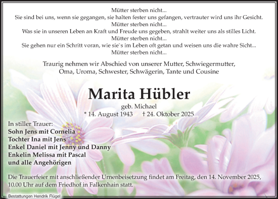 Traueranzeige von Marita Hübler von Leipziger Volkszeitung